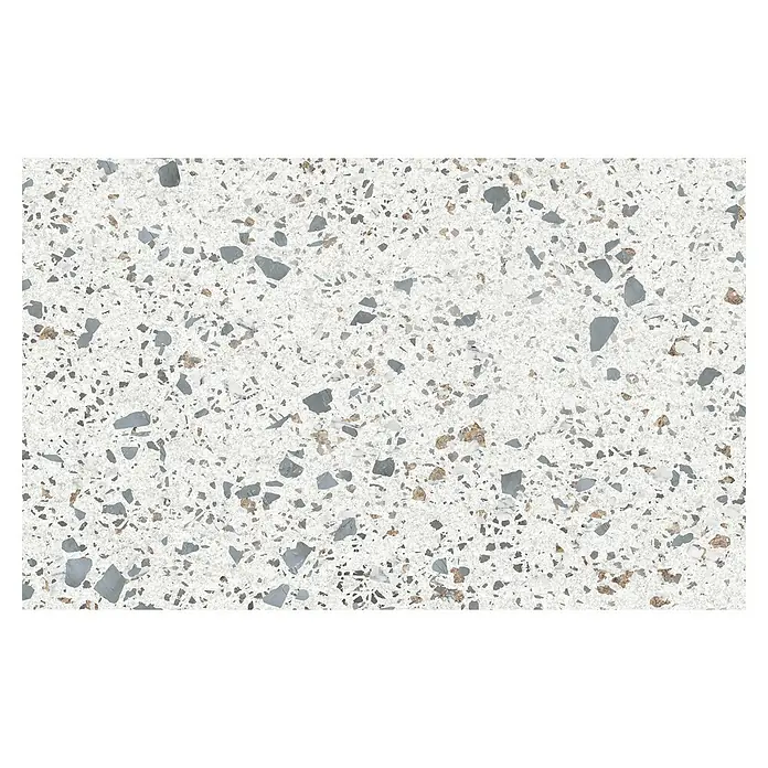 Komar Infinity 2 Fototapete Terrific Terrazzo - B x H: 400 x 250 cm, Vlies - Nahaufnahme einer Terrazzo-Fliese mit weißen, grauen und braunen Einschlüssen, ideal für moderne Innenräume, die eine elegante Textur suchen.