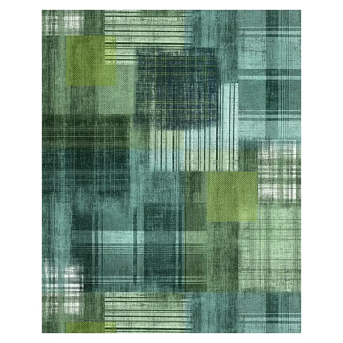 Komar Infinity 2 Fototapete Patchy Plaid - B x H: 200 x 250 cm, Vlies - Abstraktes Stoffmuster in Grün- und Blautönen, das ein Patchwork-Design zeigt. Es ist eine vielseitige und strukturierte Textur für Designprojekte.