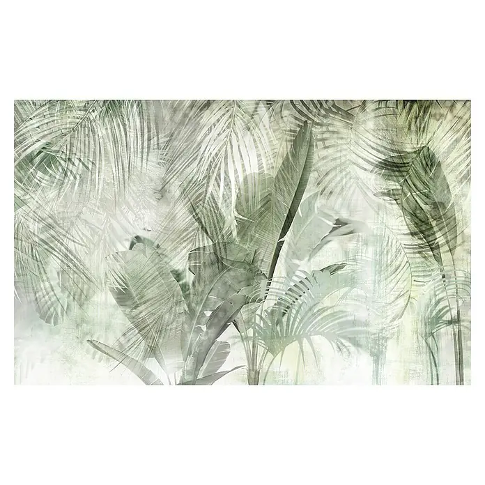 Komar Infinity 2 Fototapete Botanical Boho - B x H: 400 x 250 cm, Vlies - Abstrakte Darstellung eines üppigen Dschungels mit Palmen und Bananenstauden in gedämpften Grüntönen, die eine ruhige Atmosphäre schaffen.