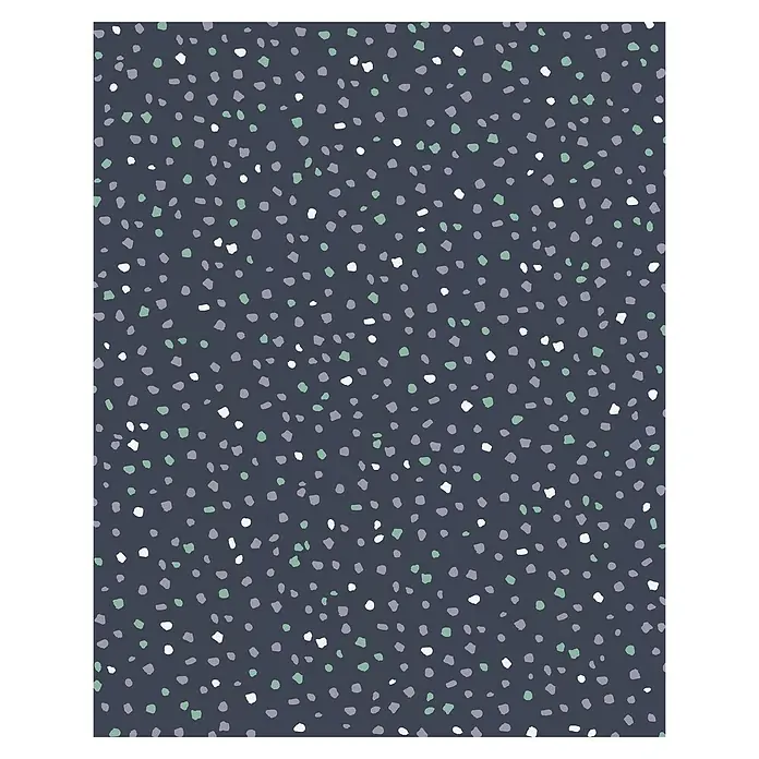 Komar Infinity 2 Fototapete Dotty DanceB x H: 200 x 250 cm, Vlies - Eine dunkelblaue Oberfläche mit weißen, grauen und grünen Tupfern, die ein subtiles, gesprenkeltes Muster erzeugen.
