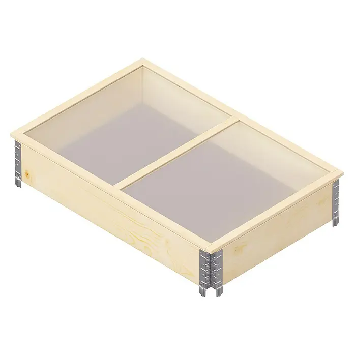 Upyard Frühbeet Deckel - 120 x 80 x 2 cm, Holz - Ansicht eines Frühbeetkastens aus hellem Holz mit zwei Abdeckungen und Metallbeschlägen an den Ecken für den Garten.