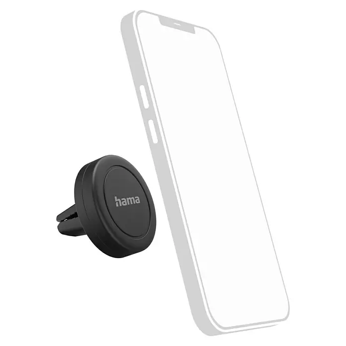 Hama Kfz-Smartphone-Halterung "Magnet" für Lüftung 360 Grad drehbar - Passend für: Jedes Smartphone mit und ohne Case oder Schutzhülle - Eine Nahaufnahme einer Hama Magnethalterung für Lüftungsschlitze im Auto, neben einem weißen Smartphone dargestellt. Ideal für Navigation und Freisprechen.