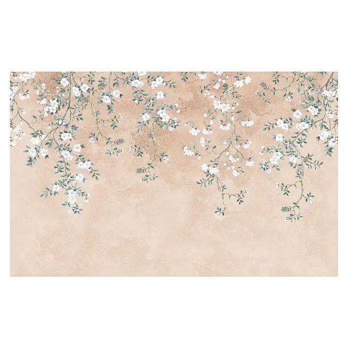 Komar Infinity 2 Fototapete Hanging Hanami - B x H: 400 x 250 cm, Vlies - Wandbild mit zarten weißen Blüten und grünen Blättern, die von oben herabhängen, auf beigem Hintergrund für eine elegante Raumgestaltung.