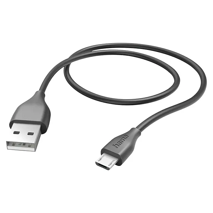 Hama USB-Kabel USB-A / Micro-USB - 1,5 m, Schwarz - Abbildung eines schwarzen Hama USB-Kabels mit einem Standard-USB-Stecker an einem Ende und einem Micro-USB-Stecker am anderen.