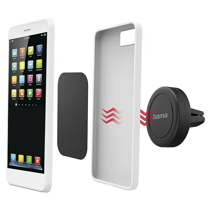 Hama Kfz-Smartphone-Halterung "Magnet" für Lüftung 360 Grad drehbar - Passend für: Jedes Smartphone mit und ohne Case oder Schutzhülle - Produktabbildung eines Hama Smartphone-Sets bestehend aus Handy, Schutzhülle, Metallplättchen und einer magnetischen Autohalterung.