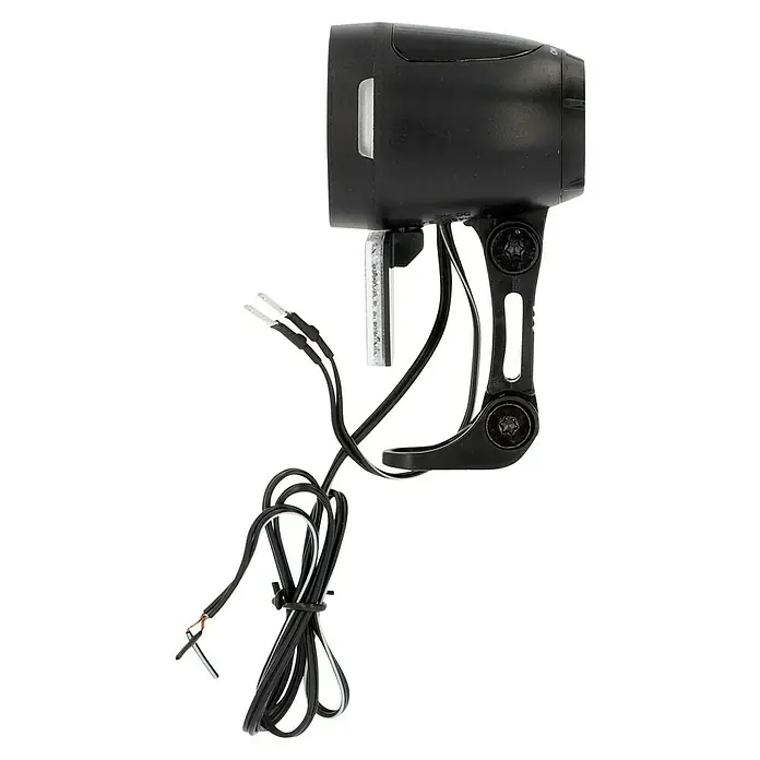 Fischer Dynamo-LED-Scheinwerfer - Beleuchtungsstärke: 80 lx - Bild einer schwarzen Fahrradlampe mit Kabeln.
