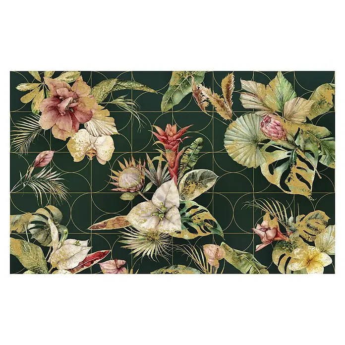 Komar Infinity 2 Fototapete Golden GrowthB x H: 400 x 250 cm, Vlies - Ein elegantes florales Wandbild mit goldenen Akzenten und einem tiefgrünen Hintergrund, das jedem Raum einen Hauch von Luxus verleiht.