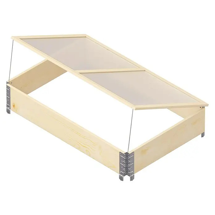 Upyard Frühbeet Deckel - 120 x 80 x 2 cm, Holz - Nahaufnahme eines Frühbeetkastens mit transparentem Deckel auf einem schwarzen Hintergrund.