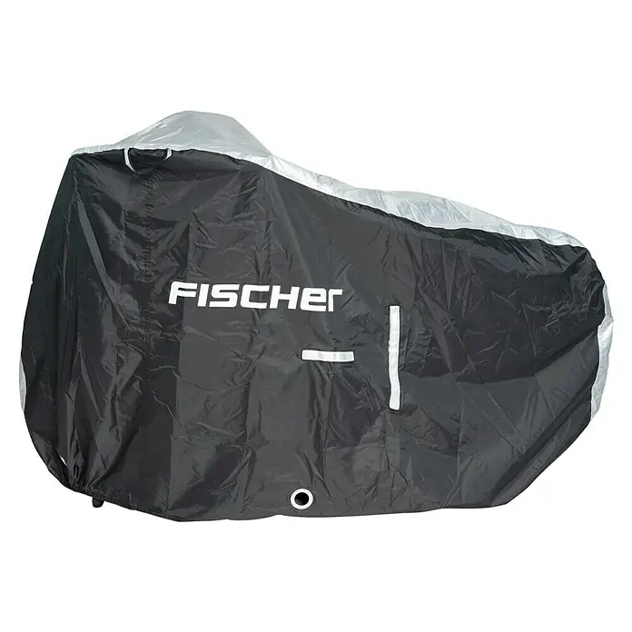 Fischer Fahrradgarage Premium - Polyester - Das Bild zeigt eine schwarze Fahrradabdeckung von Fischer mit silbernen Akzenten. Die Abdeckung schützt das Fahrrad vor Witterungseinflüssen und Schmutz.