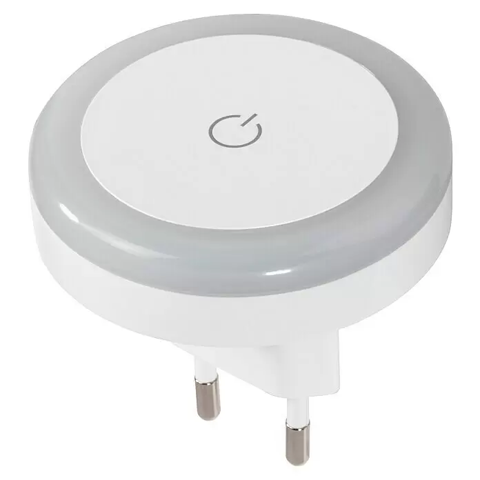Hama LED-Nachtlicht Touch Switch - Warmweiß - Weißes, rundes Nachtlicht mit grauem, durchscheinendem Band, Einschaltsymbol und zweipoligem Stecker.