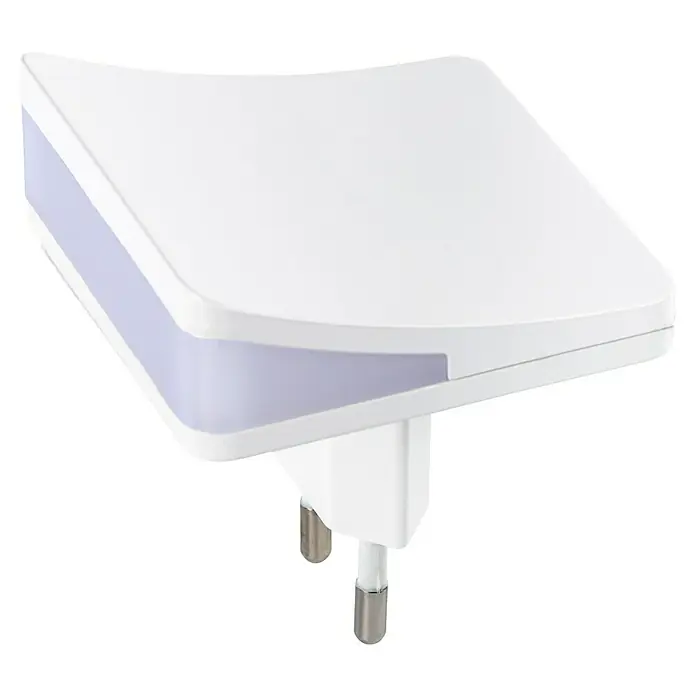Hama LED-Nachtlicht DayNight Sensor für Steckdose - L x B x H: 7 x 6 x 6 cm, Warmweiß - Das Bild zeigt ein weißes Nachtlicht mit einem hellen, rechteckigen Gehäuse und einem integrierten Stecker für die Steckdose.