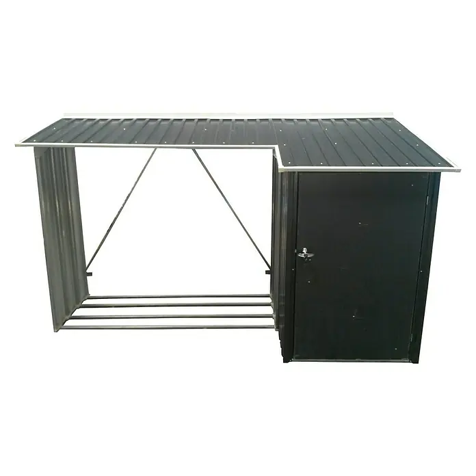 Tepro Cobertizo con leñero Metálico Combo - Acero, Antracita - Imagen de un cobertizo de herramientas moderno con almacenamiento de madera integrado, ideal para herramientas de jardín y leña.