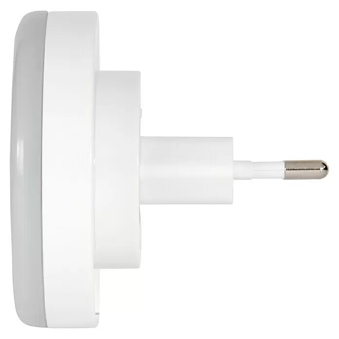 Hama LED-Nachtlicht Touch Switch - Warmweiß - Weißes Nachtlicht mit einem einzelnen europäischen Steckerstift, Seitenansicht.