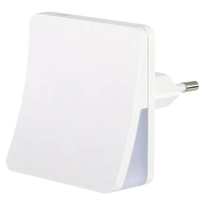 Hama LED-Nachtlicht DayNight Sensor für Steckdose - L x B x H: 7 x 6 x 6 cm, Warmweiß - Das Bild zeigt einen weißen, intelligenten Stecker mit einem Eurostecker für den Einsatz im Haus. Er bietet eine einfache Möglichkeit, Geräte zu automatisieren.