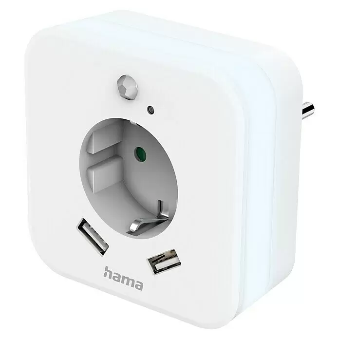 Hama LED-Nachtlicht mit Steckdose, USB, Bewegungs- und Lichtsensor - L x B x H: 7,5 x 8,5 x 8,5 cm, Tageslichtweiß - Weißer Hama Steckdosenadapter mit Schuko-Steckdose und drei USB-A Ladeanschlüssen.