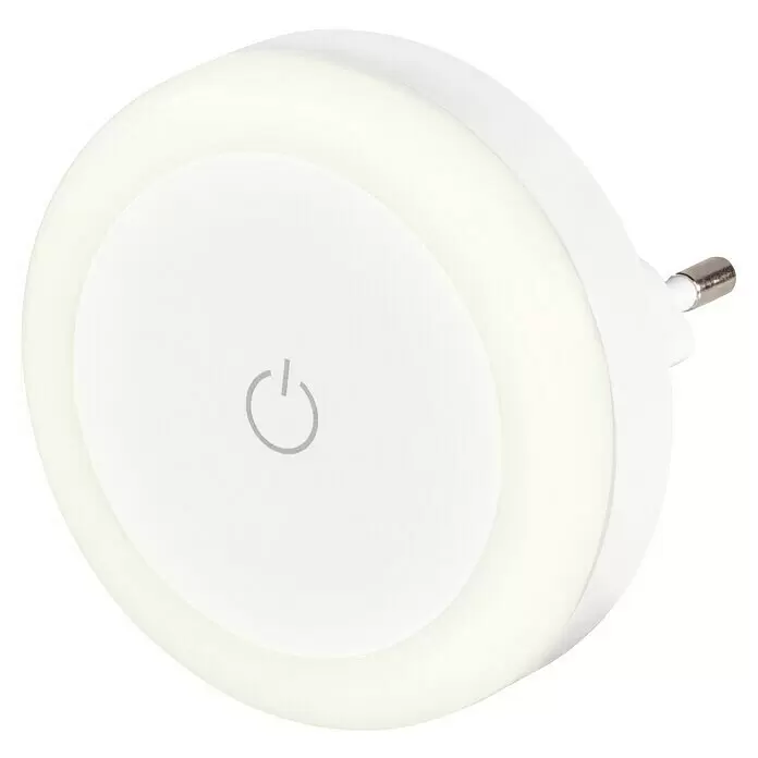 Hama LED-Nachtlicht Touch Switch - Warmweiß - Weißes, rundes Steckdosen-Nachtlicht mit Einschaltsymbol.