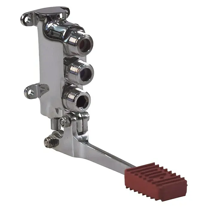 Grifo de pie 2 aguas - Latón - Válvula de pie cromada brillante con pedal rojo para un control preciso. Construcción robusta para un uso fiable.