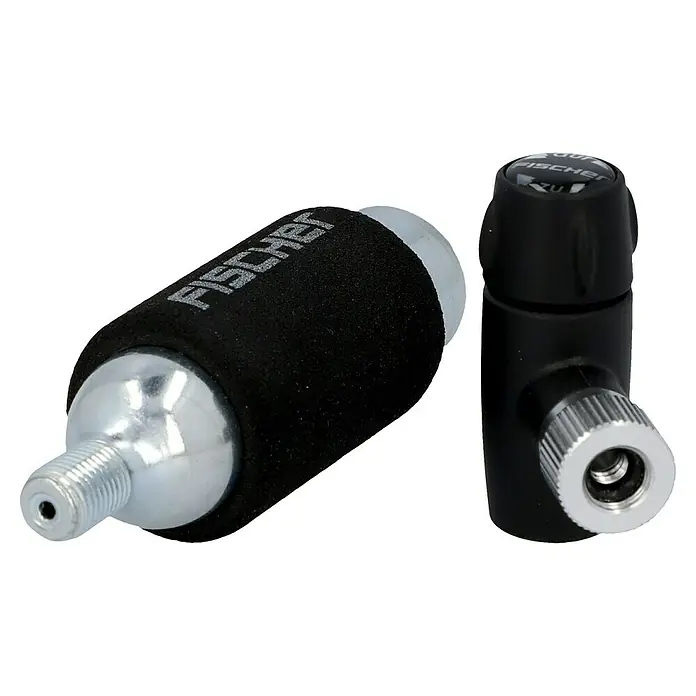 Fischer Mini-Luftpumpe CO2 - Geeignet für: Dunlopventile - Fischer CO2 Kartuschenpumpe mit Patrone und Inflator zum Aufpumpen von Fahrradreifen. Kompaktes und praktisches Design für unterwegs.