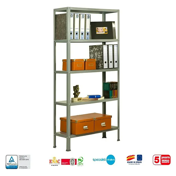 Simonrack Simonhome Estantería metálica Homeclassic Plus - Al x An x Pr: 180 x 100 x 30 cm, Capacidad de carga por balda: 100 kg, Número de baldas: 5 ud., Atornillado, Gris - Una estantería metálica gris con cinco niveles cargada con carpetas, cajas y elementos decorativos, ideal para la oficina o el almacenaje.
