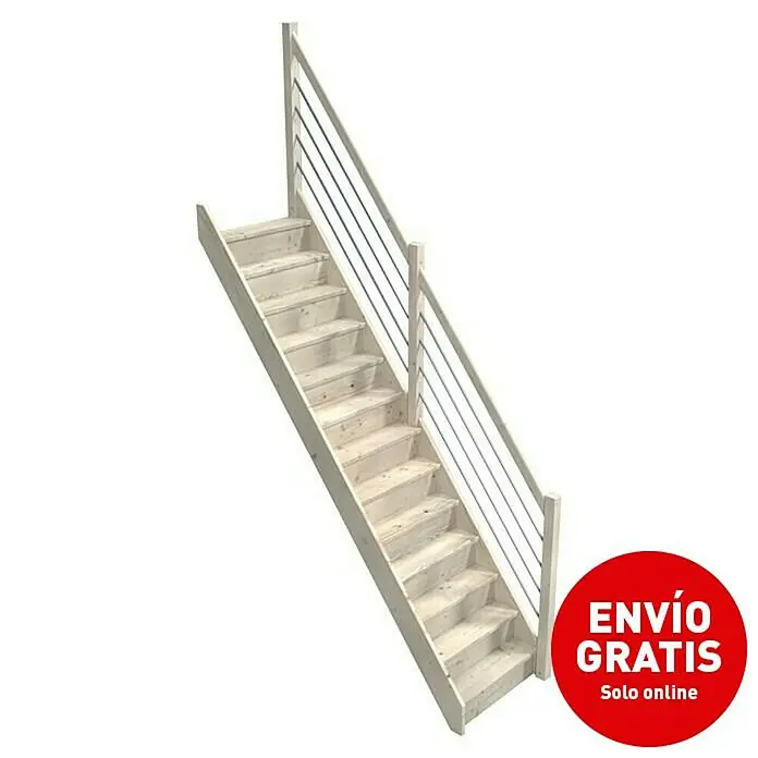 Sogem Escalera principal Trendy Eco - Abeto, Ancho: 82 cm, Recto, Altura de planta: 280 cm - Imagen de una escalera de madera con barandilla de metal, promocionada con la etiqueta "Envío gratis".