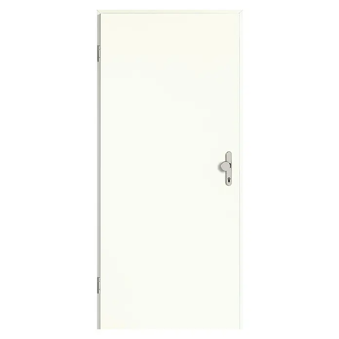 GetaDoor Laminit Wohnungseingangstür GL 223Klimaklasse nach RAL: II, 860 x 2.110 mm, DIN Anschlag: Links, Weiß seidenmatt - Eine schlichte, weiße Tür mit einem silbernen Türgriff und sichtbaren Scharnieren, ideal für moderne Innenräume.