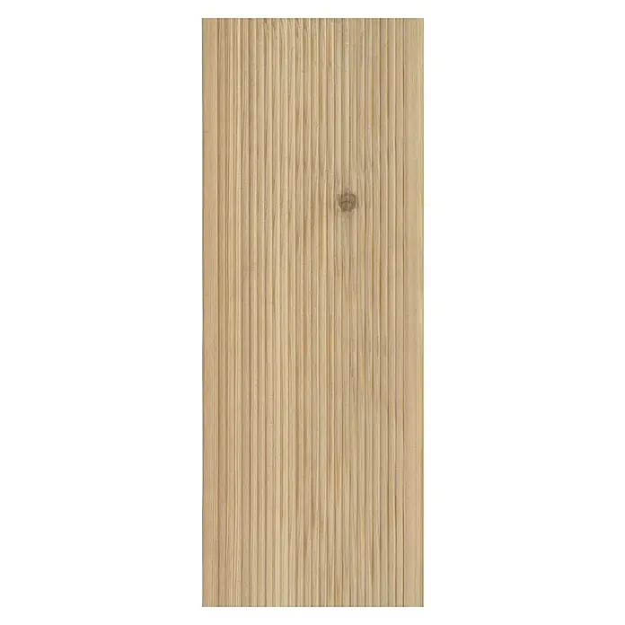 Tarima para terraza Douglasie - Abeto de Douglas, 200 x 14,5 x 2,8 cm, Amarillo rojizo - Detalle de un revestimiento de madera clara con estrías, veta natural y un nudo, ideal para proyectos de diseño rústico.