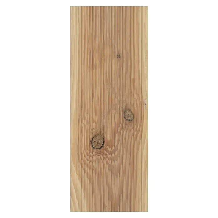 Tarima para terraza Douglasie - Abeto de Douglas, 300 x 14,5 x 2,8 cm, Amarillo rojizo - Primer plano de un perfil de tablero de madera marrón claro con nudos, ideal para texturas y diseño.