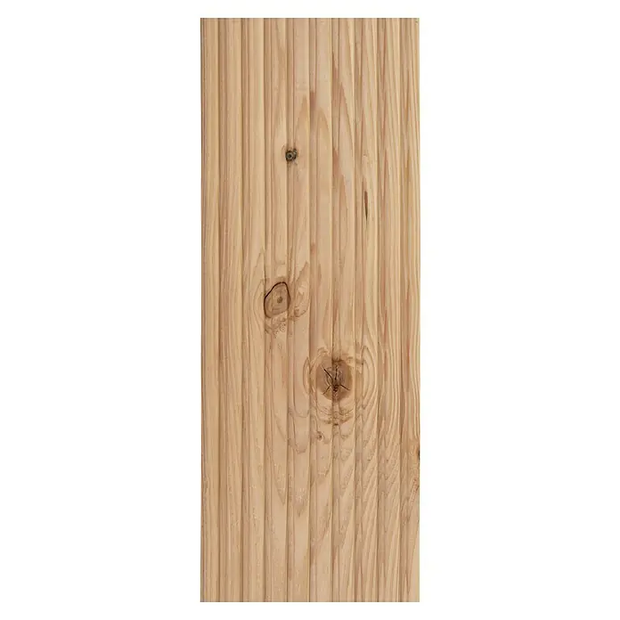Tarima para terraza Douglasie - Abeto de Douglas, 300 x 14,5 x 2,8 cm, Amarillo rojizo - Primer plano de un revestimiento de madera, que muestra la veta natural y los nudos, ideal para un diseño interior rústico.