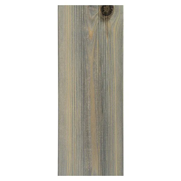 Terrassendiele - Kiefer, 300 x 14,5 x 2,8 cm, Grau - Nahaufnahme eines Holzbretts mit einer graublauen Farbe und einer auffälligen Maserung, ideal für rustikale Möbel.