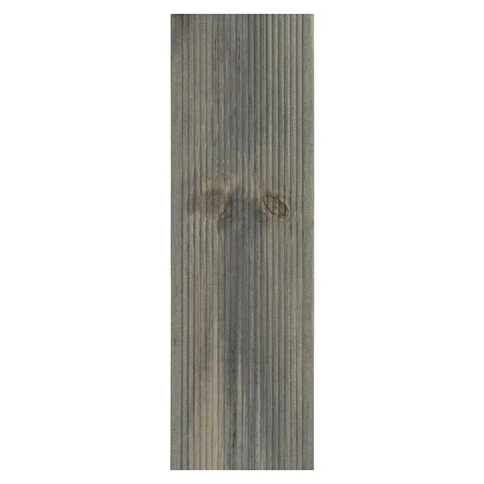 Terrassendiele - Kiefer, 300 x 12 x 2,1 cm, Grau - Nahaufnahme eines einzelnen, vertikalen, gerillten Holzbretts mit Astloch und grauer Waschung, das die natürliche Maserung hervorhebt.