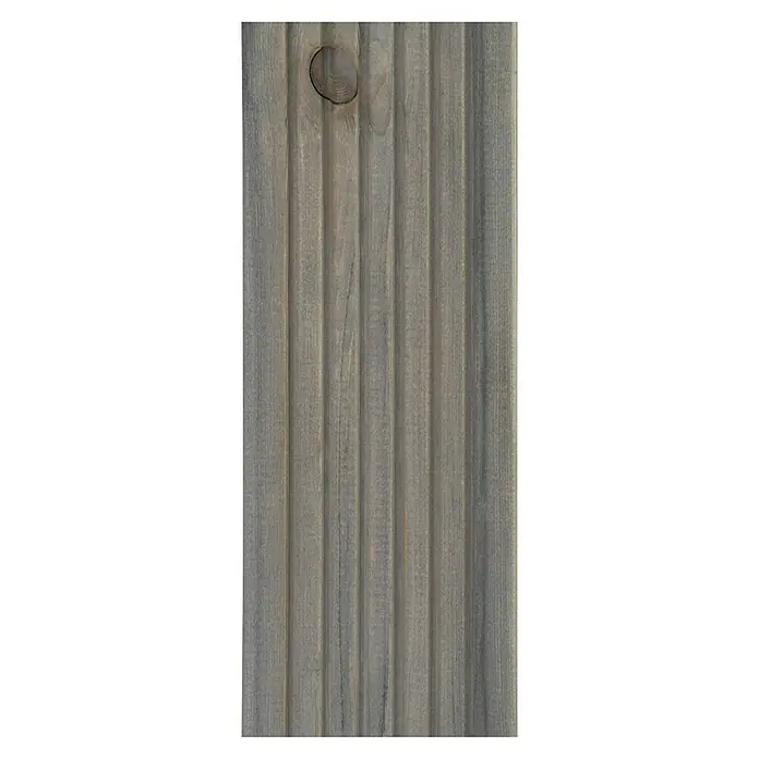 Terrassendiele - Kiefer, 300 x 14,5 x 2,8 cm, Grau - Nahaufnahme von geriffeltem, grauem Holz mit natürlicher Maserung und einem Ast. Ideal für rustikale Hintergründe.