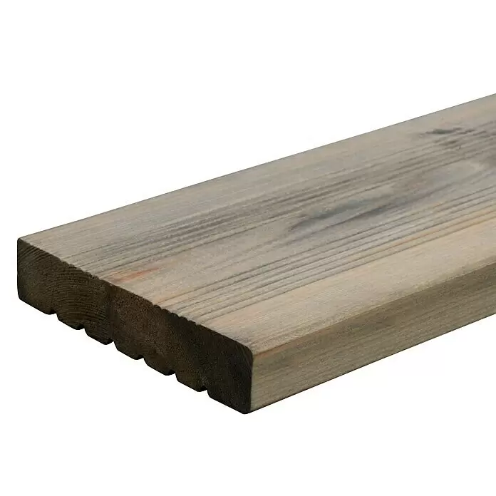 Terrassendiele - Kiefer, 300 x 14,5 x 2,8 cm, Grau - Verwittertes, graubraunes Holzbrett mit geriffelter Unterseite.