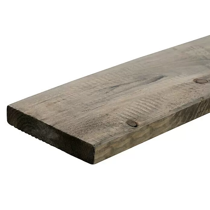 Terrassendiele - Kiefer, 300 x 12 x 2,1 cm, Grau - Eine verwitterte, graubraune Holzplatte mit zwei eingeschlagenen Nägeln.