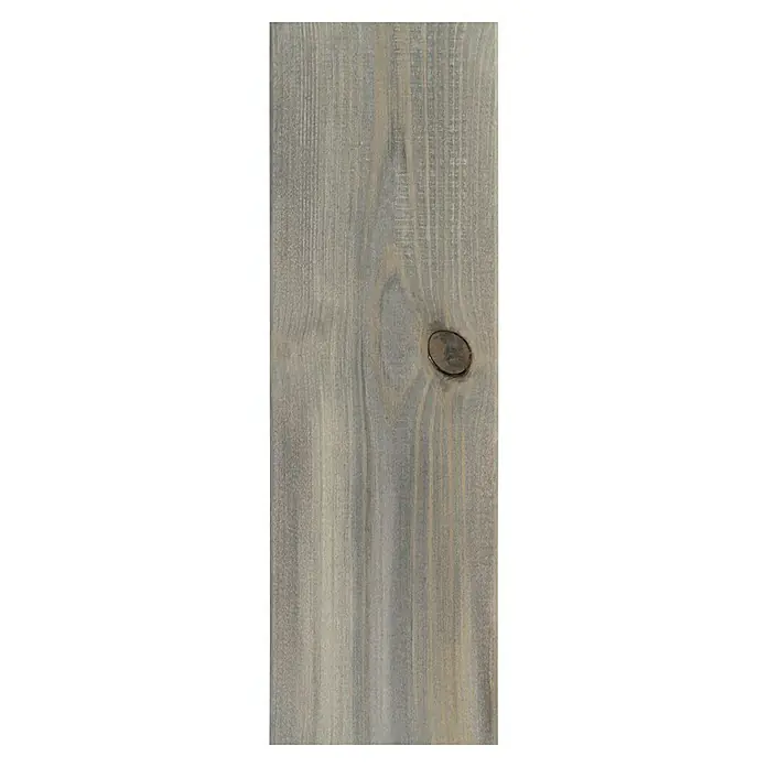 Terrassendiele - Kiefer, 300 x 12 x 2,1 cm, Grau - Detailaufnahme eines grauen Holzbretts mit markanter Maserung und einem Astloch, das die natürliche Schönheit des Holzes hervorhebt.