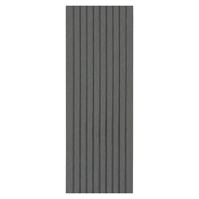WPC-Terrassendiele Dark Grey - 300 x 13,5 x 2,1 cm, Dunkelgrau - Eine graue, vertikale Holzpaneele mit einem feinen Maserungsmuster und schmalen Rillen für eine stilvolle Wandverkleidung im Innenbereich.