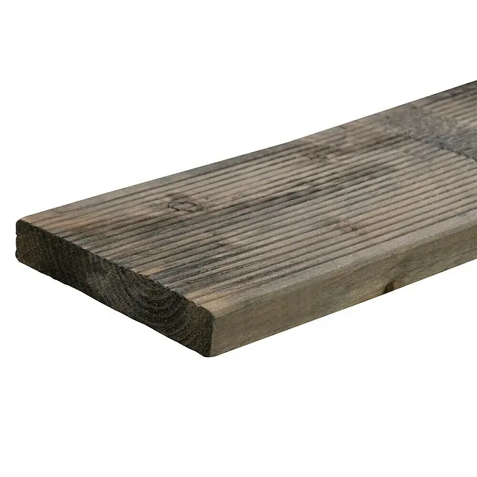 Terrassendiele - Kiefer, 300 x 12 x 2,1 cm, Grau - Nahaufnahme eines einzelnen, geriffelten Holzbretts mit deutlicher Maserung und abgerundeter Kante.