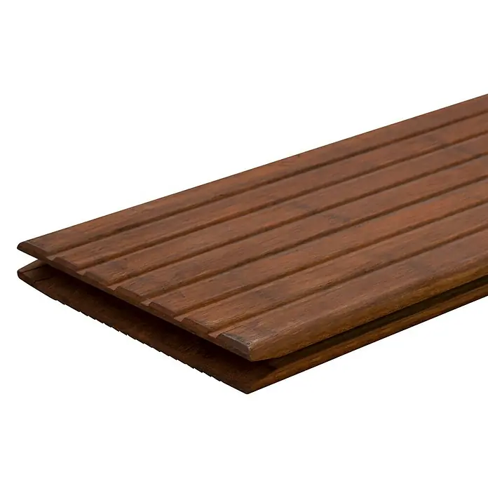 CoBaM Terrassendiele - Bambus, 220 x 14 x 2 cm, Braun - Nahaufnahme von zwei braunen Terrassendielen aus Holz mit feinen Rillen auf schwarzem Hintergrund. Holzprodukt für den Aussenbereich.