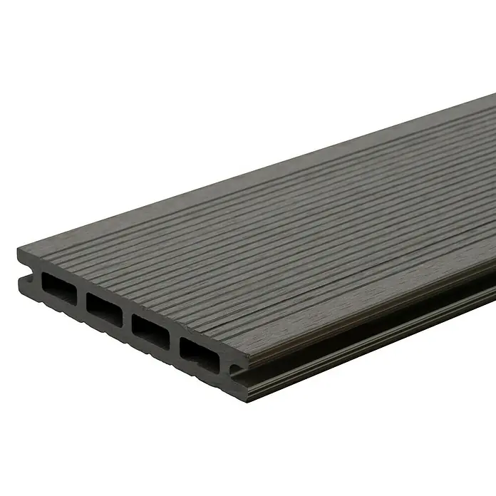 WPC-Terrassendiele Dark Grey - 300 x 13,5 x 2,1 cm, Dunkelgrau - Ein braunes Terrassendiele mit Rillenoberfläche und Hohlkammerprofil für den Außenbereich. Das Material ist witterungsbeständig und langlebig.