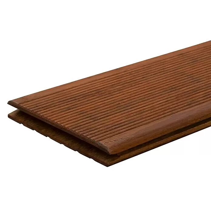 CoBaM Terrassendiele - Bambus, 220 x 14 x 2 cm, Braun - Zwei gestapelte braune geriffelte Holz-Terrassendielen.