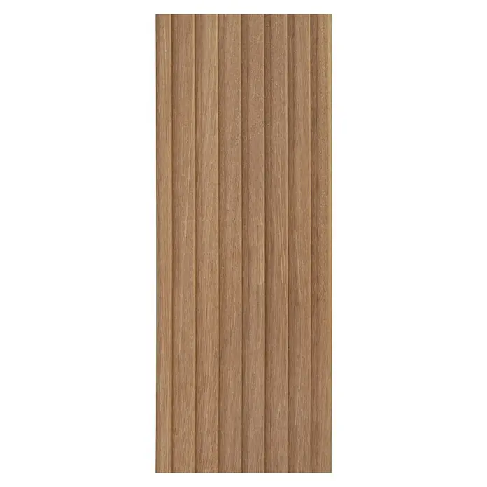 Terrassendiele Premium/Select - Bangkirai, 200 x 14,5 x 2,5 cm, Braun - Elegantes Wandpaneel in Holzoptik. Das Paneel besteht aus vertikalen, gerundeten Lamellen in warmen Brauntönen, die eine moderne und natürliche Ästhetik schaffen.