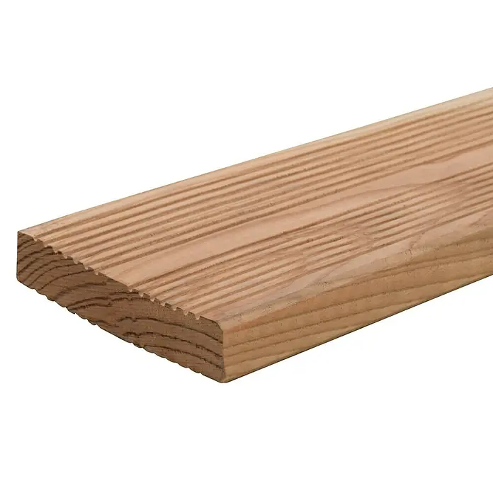 Terrassendiele - Douglasie, 400 x 12,5 x 2,5 cm, Rötlich gelblich - Nahaufnahme eines Holzdecks mit Rillen, die für mehr Halt sorgen. Die Textur des Holzes ist deutlich sichtbar.
