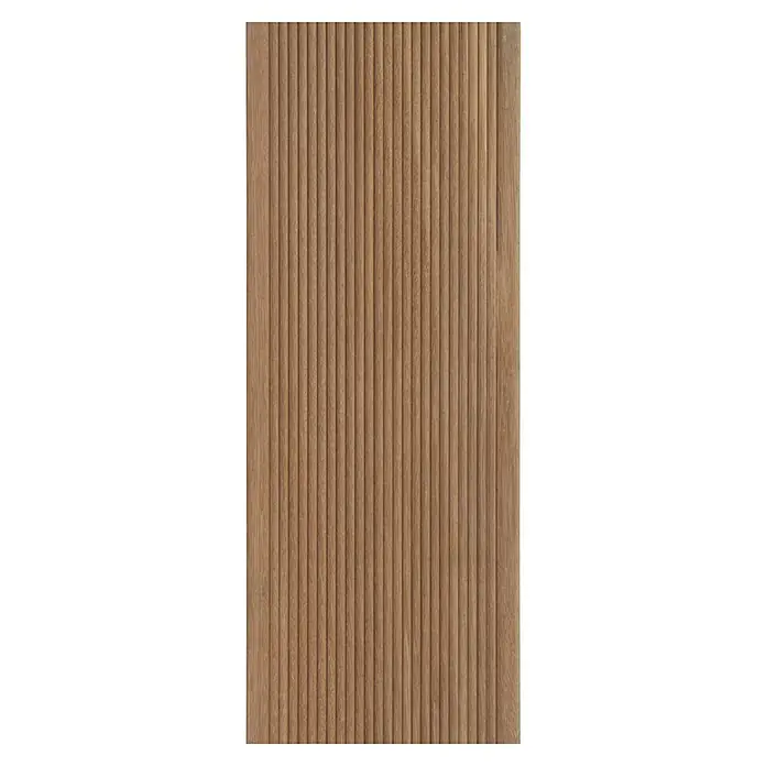 Terrassendiele Premium/Select - Bangkirai, 200 x 14,5 x 2,5 cm, Braun - Detailaufnahme einer Holzpaneele mit geriffelter Oberfläche, die eine warme, natürliche Textur und ein elegantes Design zeigt.
