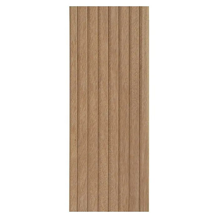 Terrassendiele Premium/Select - Bangkirai, 300 x 14,5 x 2,5 cm, Braun - Ein Bild von einer Holzpaneelwand mit vertikalen Rillen, die eine natürliche und warme Textur zeigt, ideal für Innenarchitekturprojekte.