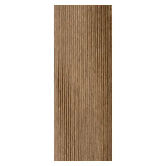 Terrassendiele Premium/Select - Bangkirai, 180 x 14,5 x 2,5 cm, Braun - Nahaufnahme einer Holzvertäfelung mit geriffelter Oberfläche, die eine warme und natürliche Textur zeigt.\n