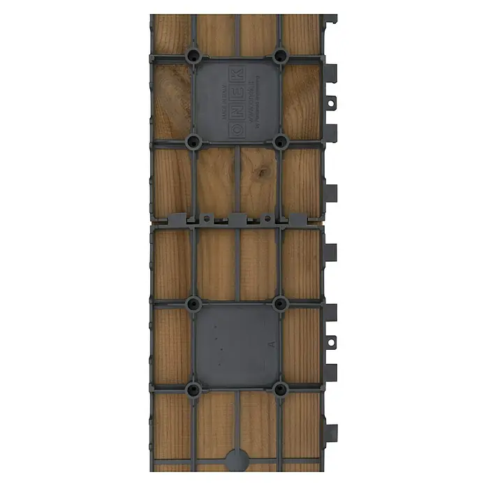 Klickfliese Smartplank - Kiefer, 118,4 x 15,1 x 2,8 cm, Braun, 1 Stk. - Nahaufnahme von miteinander verbundenen Terrassendielen aus Holz mit Kunststoffunterkonstruktion.