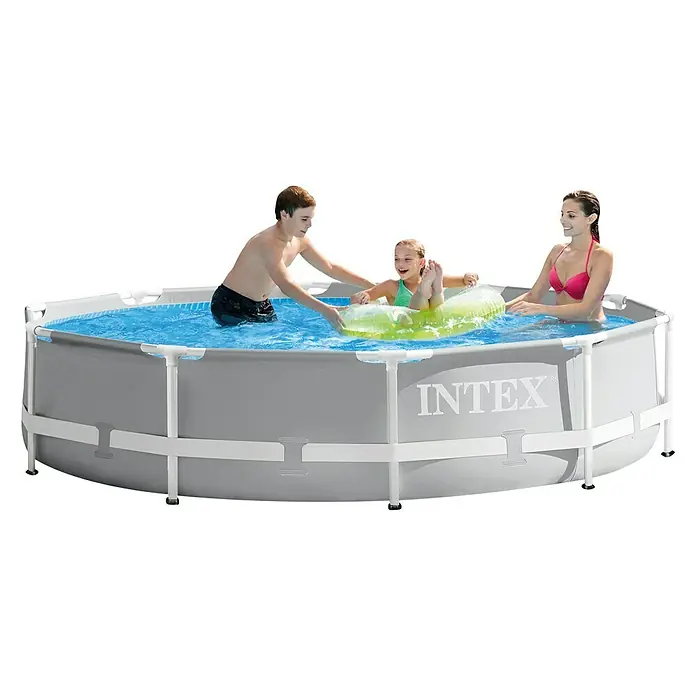 Intex Piscina Quick-Up Frame Prisma Rondo - Ø x Al: 305 x 76 cm, 4.485 l - Una familia disfruta del verano en una piscina redonda Intex con estructura de acero y agua azul refrescante.