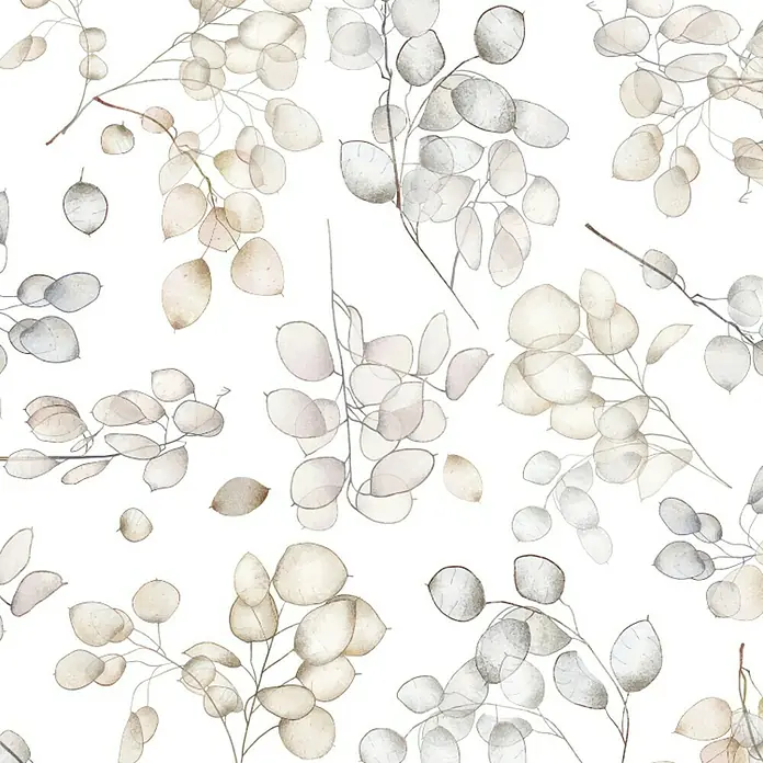 Papel pintado de vinilo Autoadhesivo Lunaria - 2,8 m x 90 cm, Beige - Ilustración delicada, tipo boceto, de ramas de Lunaria en suaves tonos beige y gris sobre un fondo blanco, que desprende una estética tranquila y natural.