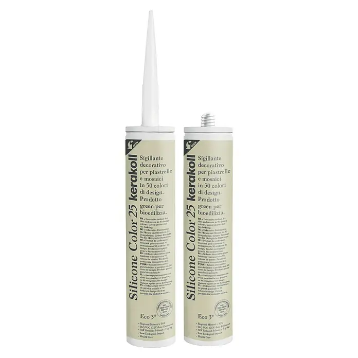 Kerakoll Silicona universal Color - Tono de color: 25, 310 ml - Imagen de dos cartuchos de Kerakoll Silicone Color 25, un sellador decorativo para azulejos y mosaicos.