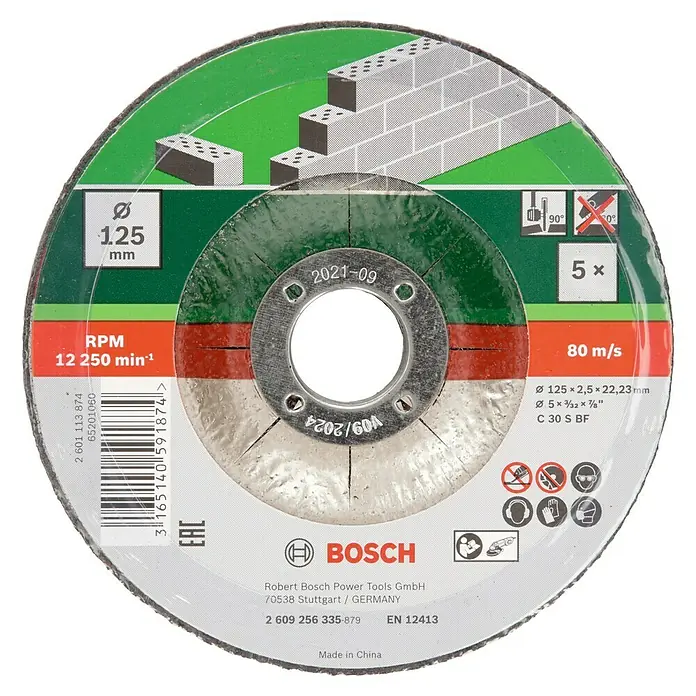 Bosch Trennscheibe C 30 S BF - Geeignet für: Stein, Durchmesser Scheibe: 125 mm, Stärke Scheibe: 2,5 mm, 5 Stk. - Produktansicht einer Bosch Trennscheibe, Durchmesser 125 mm, für Winkelschleifer, ideal zum Bearbeiten von Steinmaterialien.