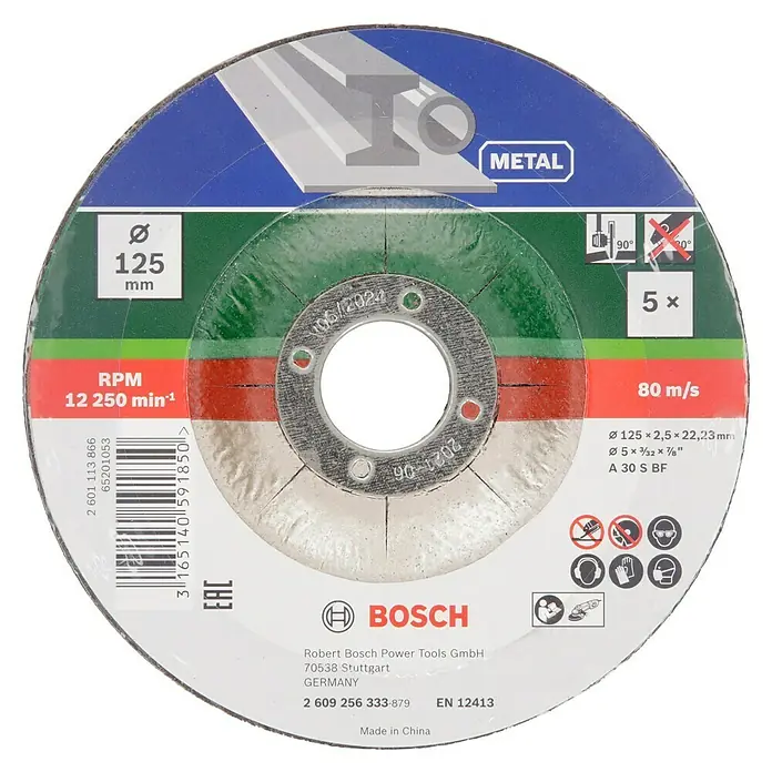 Bosch Trennscheibe A 30 S BF - Geeignet für: Metall, Durchmesser Scheibe: 125 mm, Stärke Scheibe: 2,5 mm, 5 Stk. - Bild einer Bosch Trennscheibe für Metall mit den Abmessungen 125 x 2,5 x 22,23 mm und einer maximalen Drehzahl von 12250 U/min.